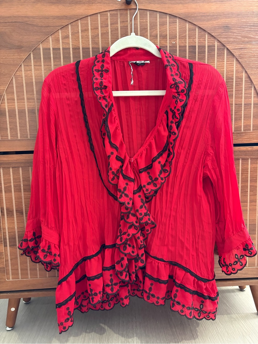 NY Collection Red Ruffled Embroidered Blouse with Black Trim